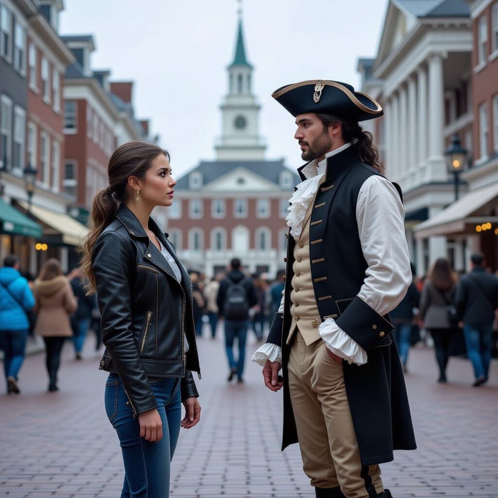 Woman Encounters Colonial Man in City Square, Digital Art