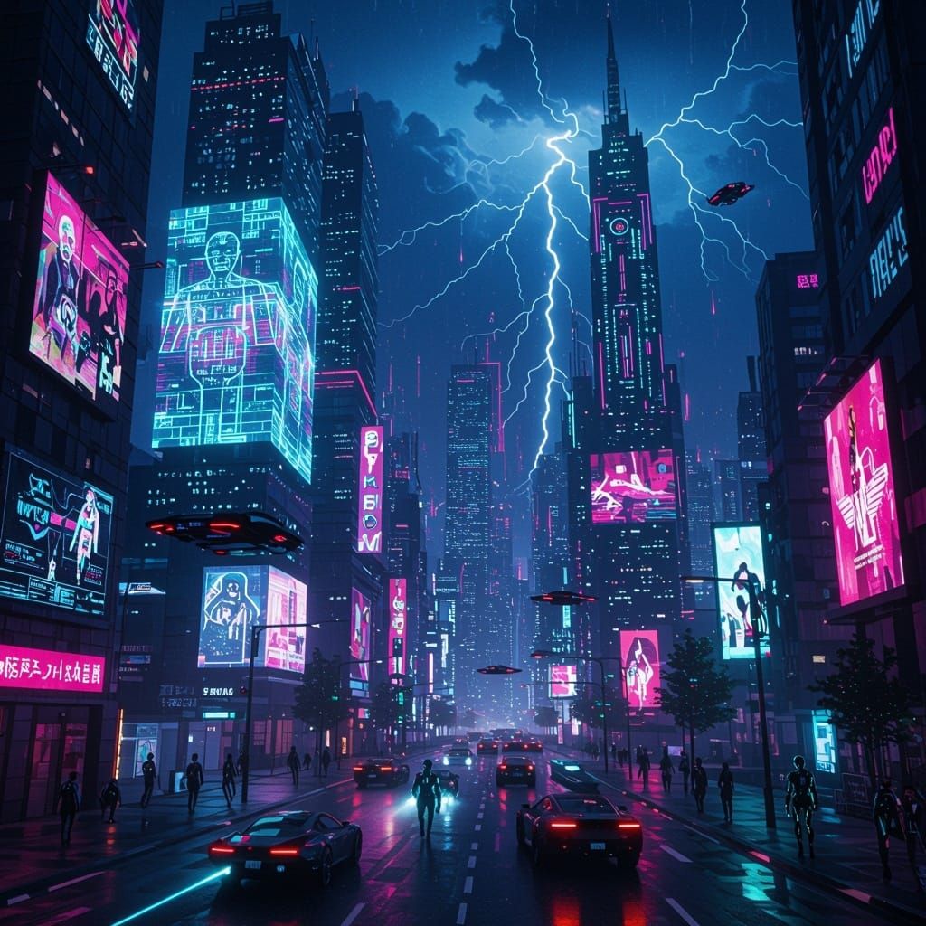 Vibrant Futuristic Metropolis Under Electric Skies