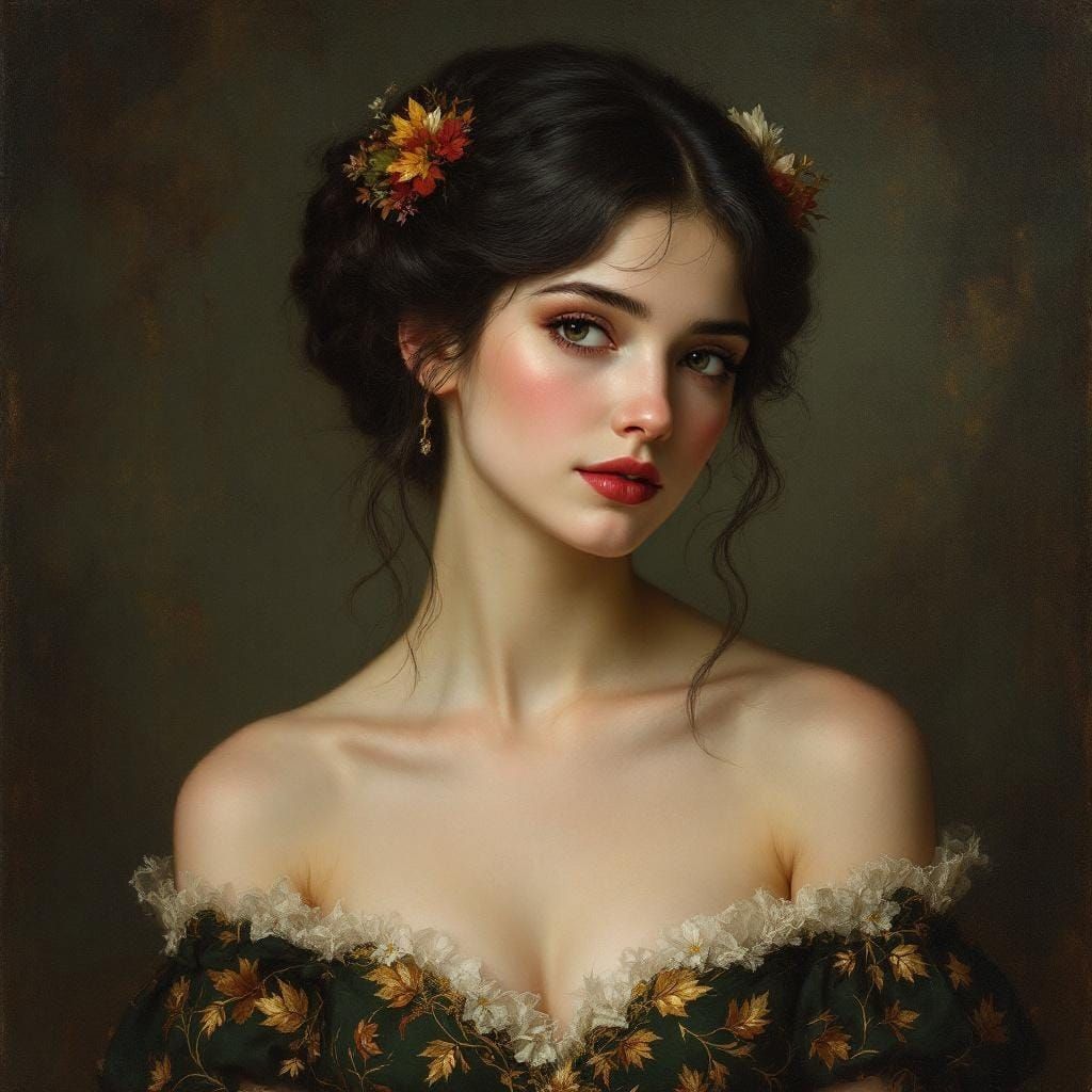 Elegant Woman in Pre-Raphaelite Style with Floral Accents