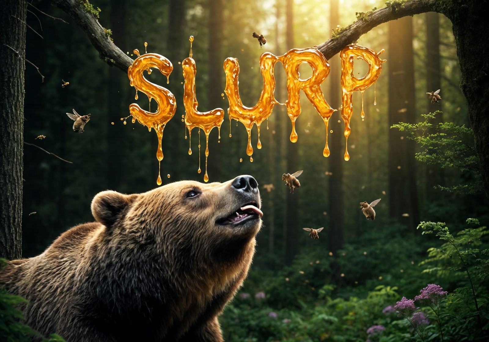 Happy Brown Bear "slurping" some honey