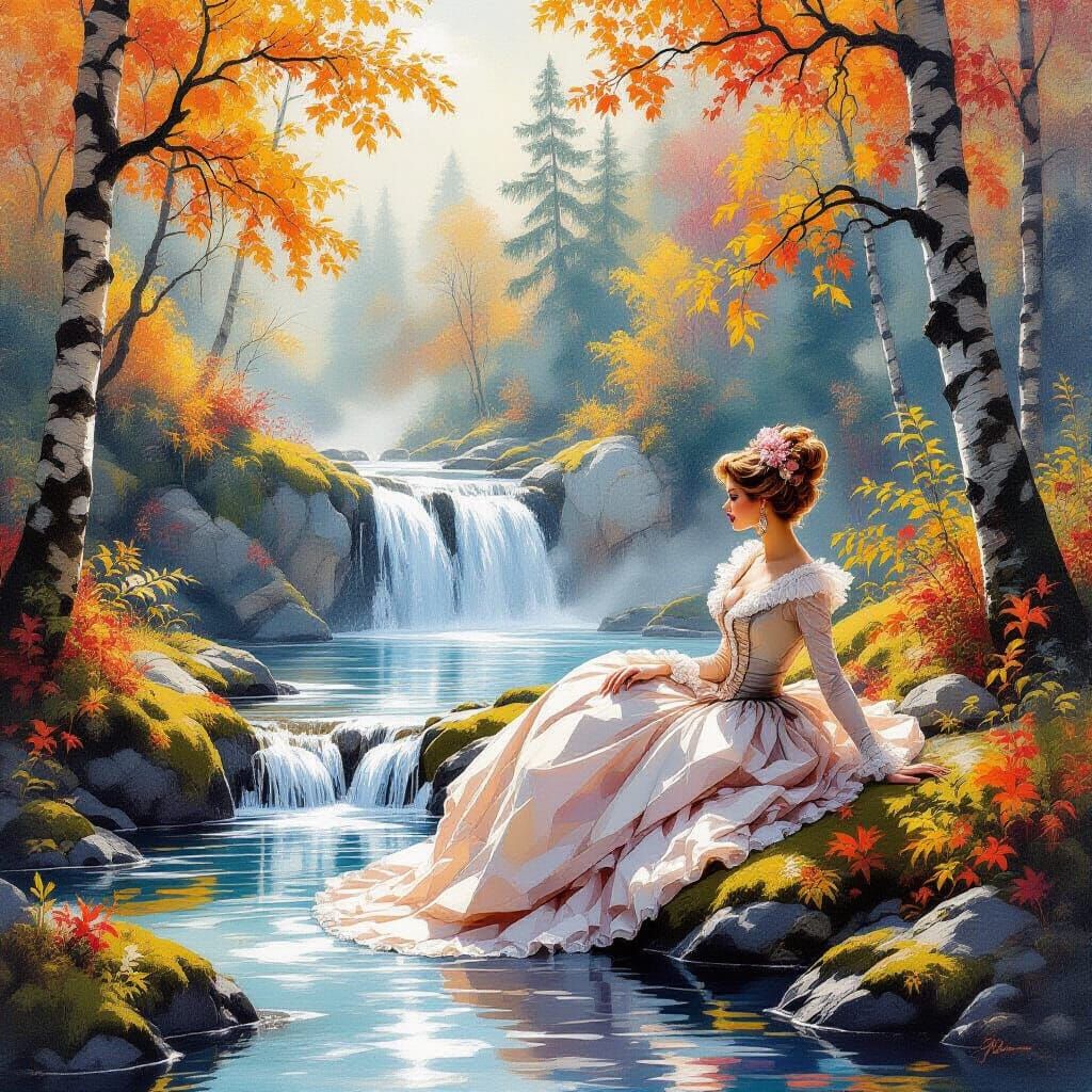 18th Century Fashionista at Misty Autumn Waterfall