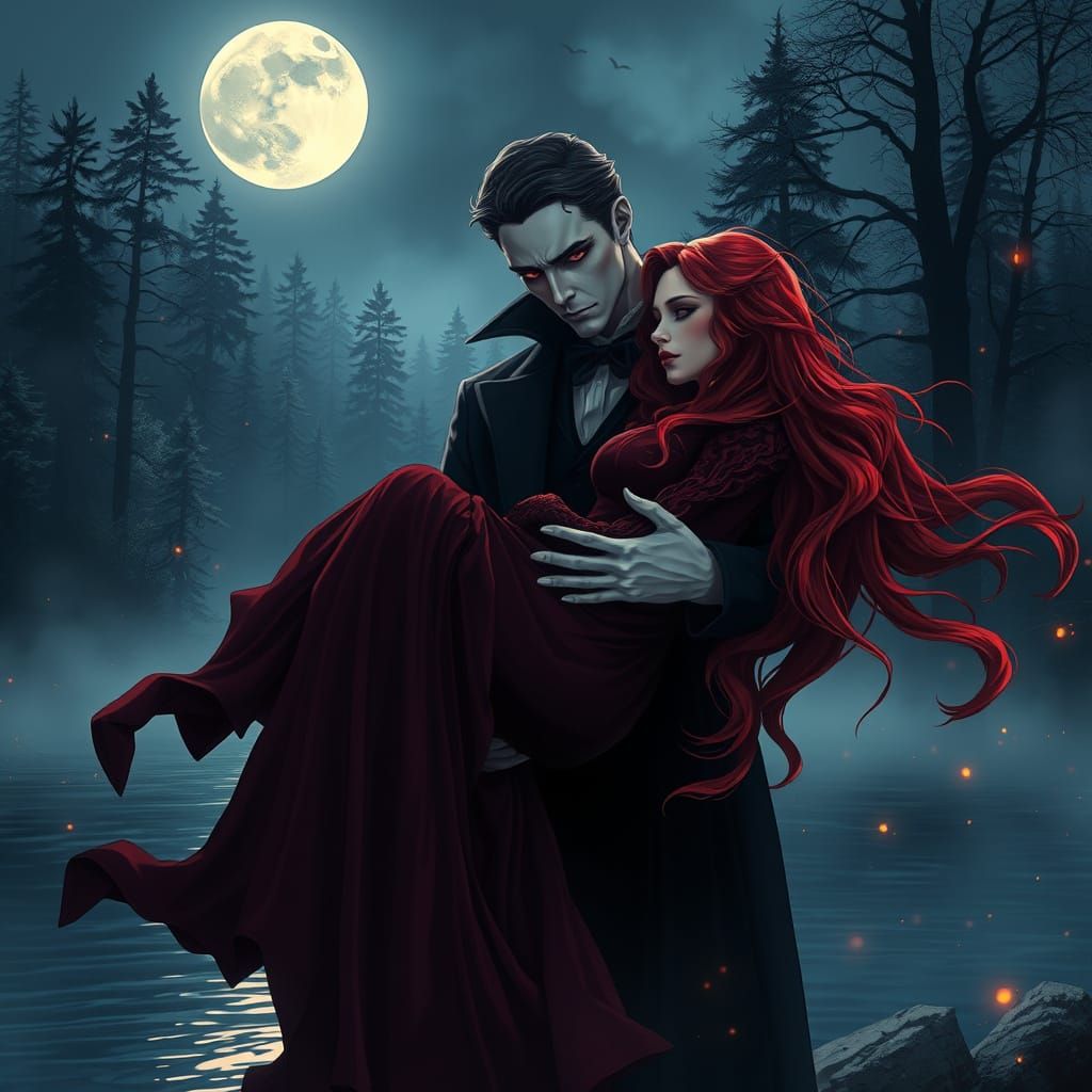 Ethereal Vampire Embraces Red-Haired Sorceress on Moonlit Ri...