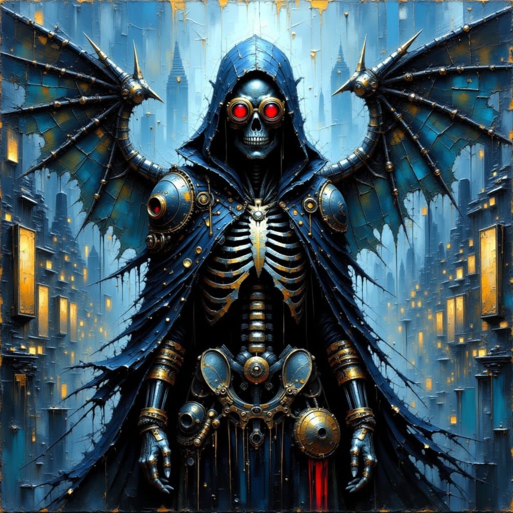 Cyberpunk Mechanical Reaper in Dystopian Cityscape