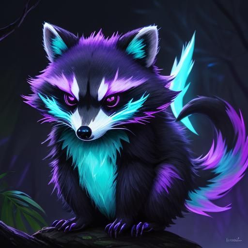 Iridescent Raccoon Pokémon in Moonlit Forest Concept Art