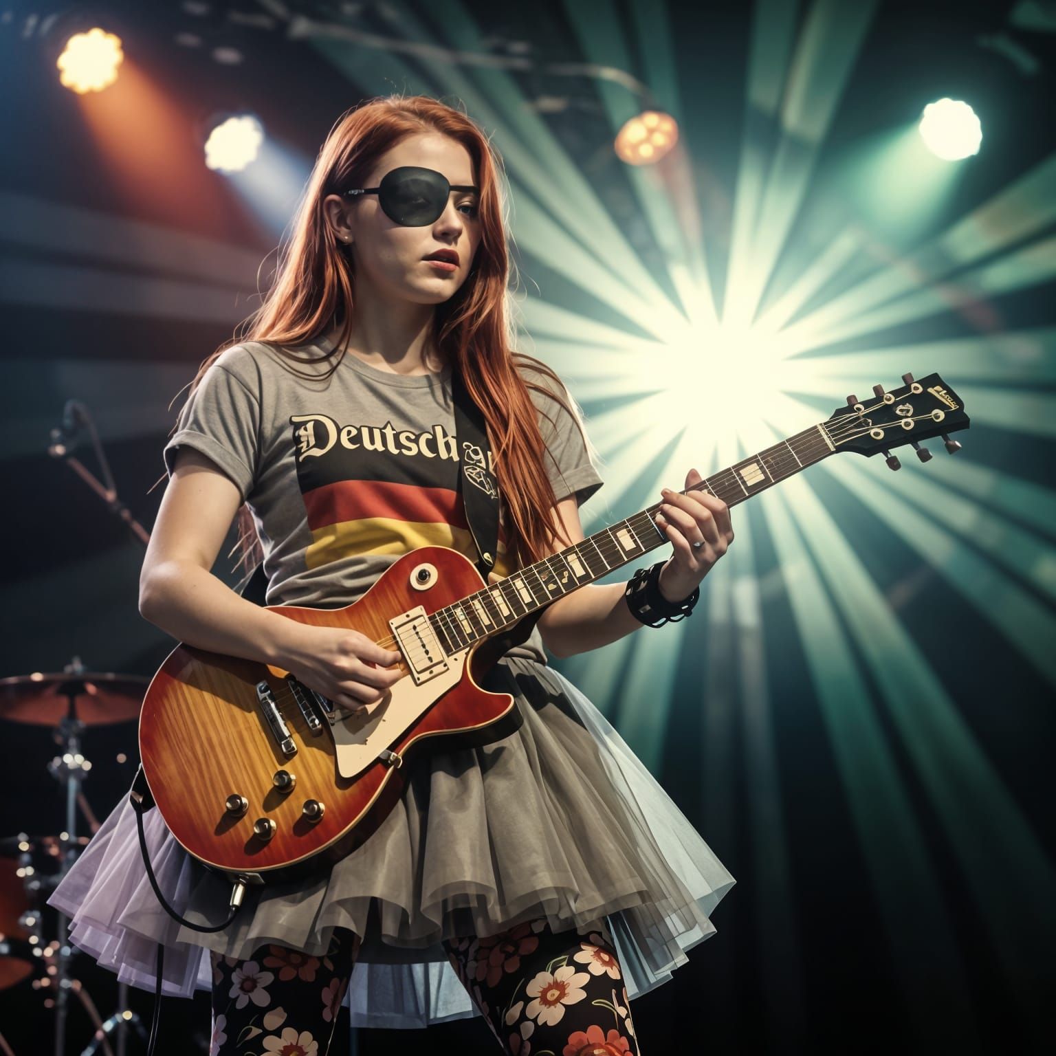 Redhaired Rockstar Girl with Eyepatch Performs on Stage