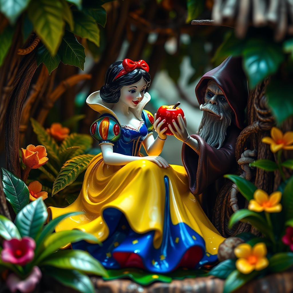 Snow White and Witch: Enameled Glass Figurines in Jungle