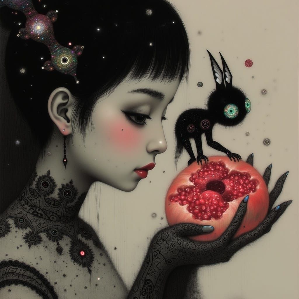 Serene Japanese Woman Cradles Pomegranate Halves