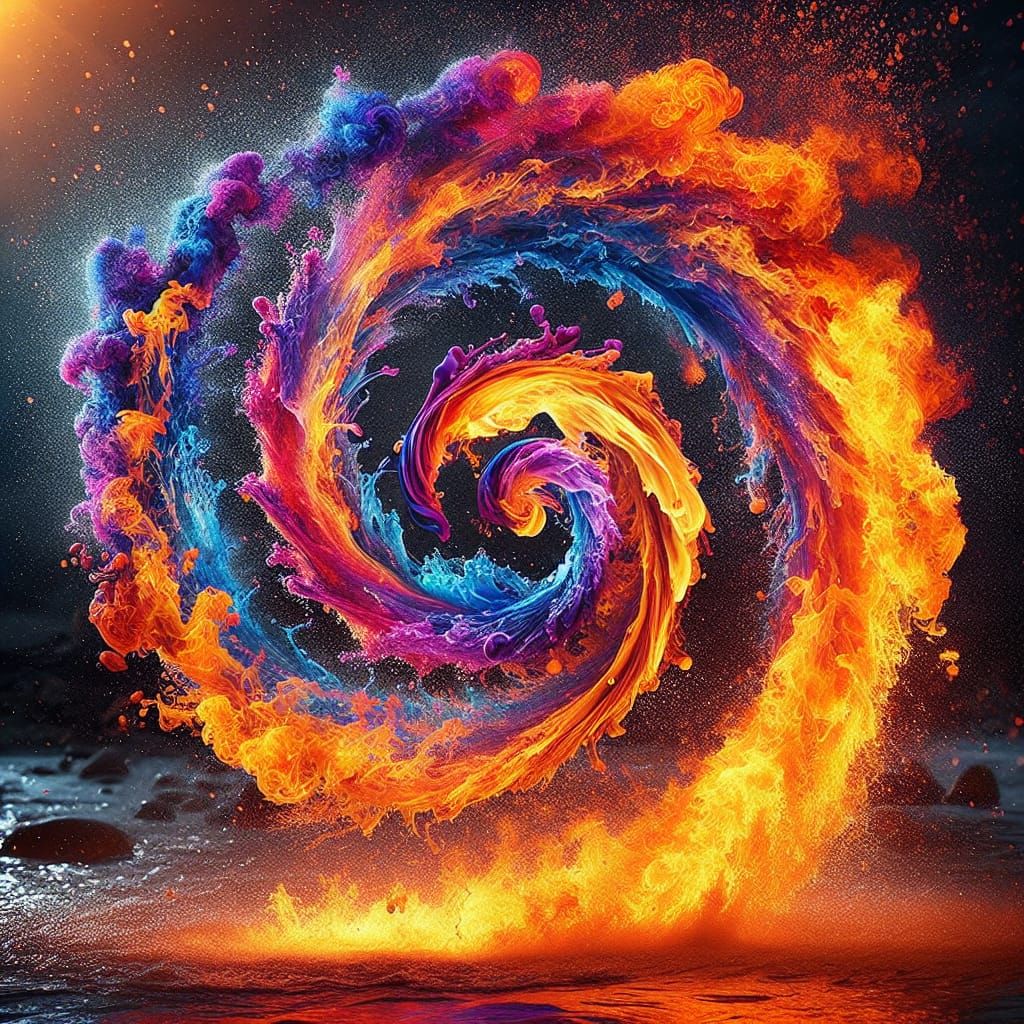 Multi coloured fluids, splashing around, in a vortex of brig...