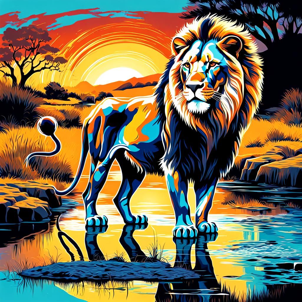 Abstract Metallic Lion at Sunrise: Digital Art