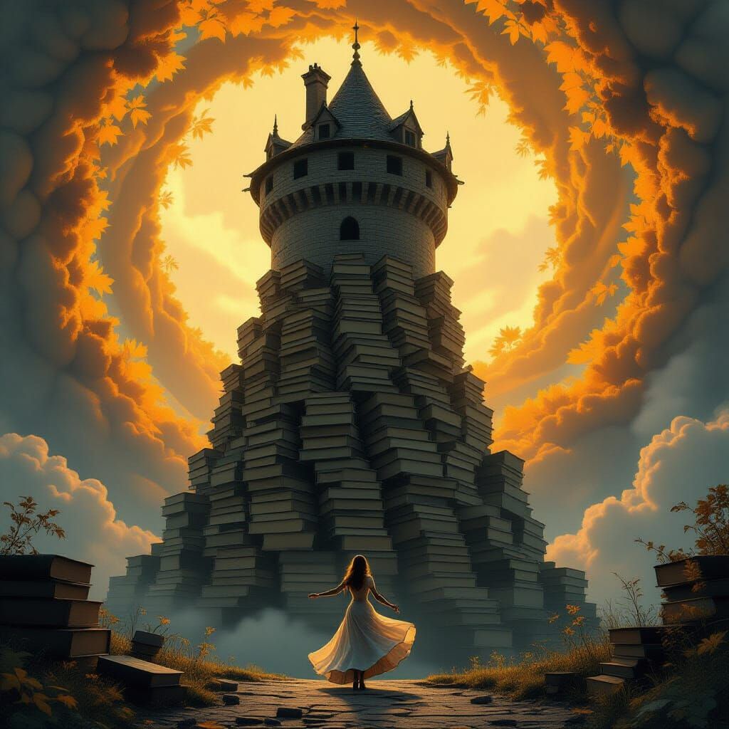 Surreal Medieval Book Tower with Dancer Silhouette