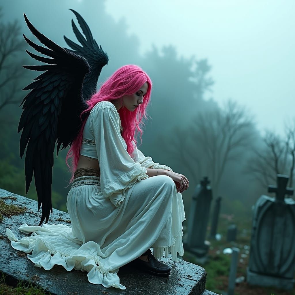 Ethereal Gothic Angel Amidst a Haunting Graveyard Scene