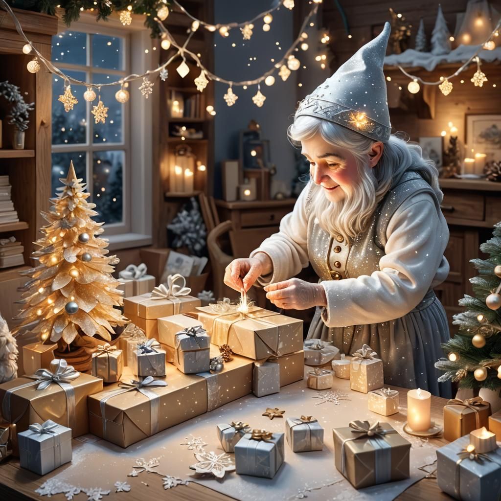 Elderly Gnome Wrapping Presents in Silver and White