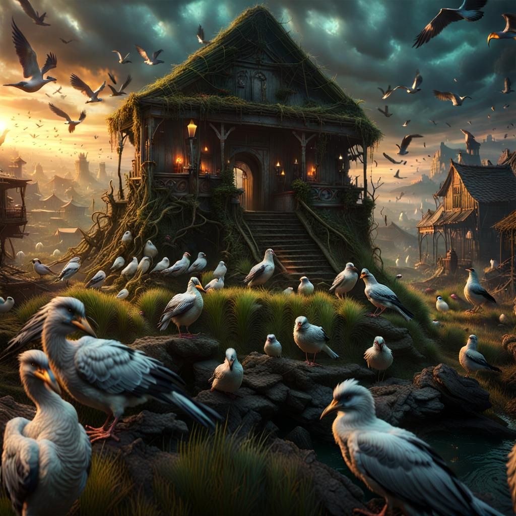 Ominous Birds Descend on Peaceful Village: Digital Art