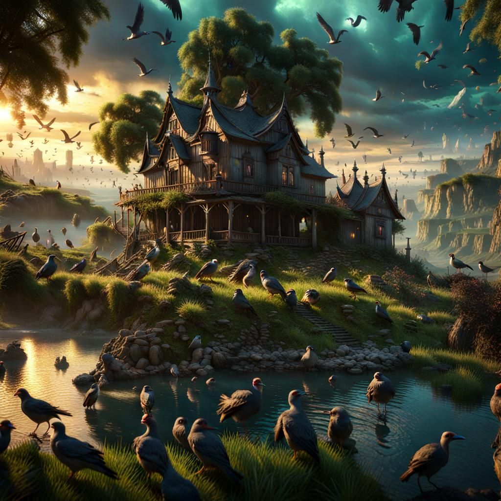 Elysian Village Swarm in Dark Fantasy Digital Art