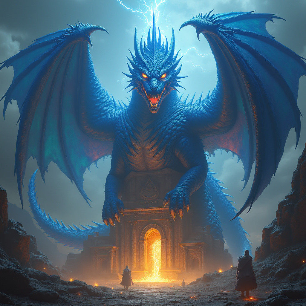 Electric Blue Dragon Guarding Gold Tower, Matte Painting