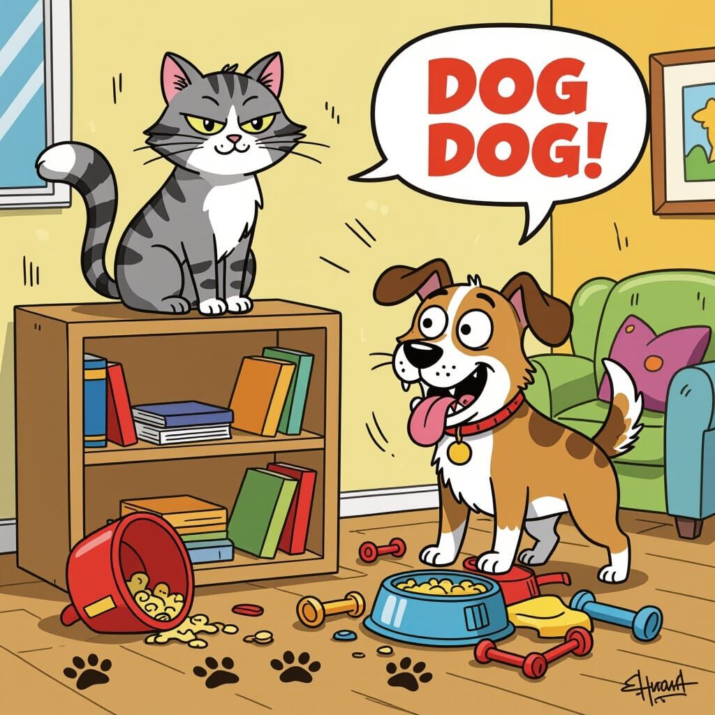Cat vs Dog: Comical Cartoon Showdown on Bookshelf