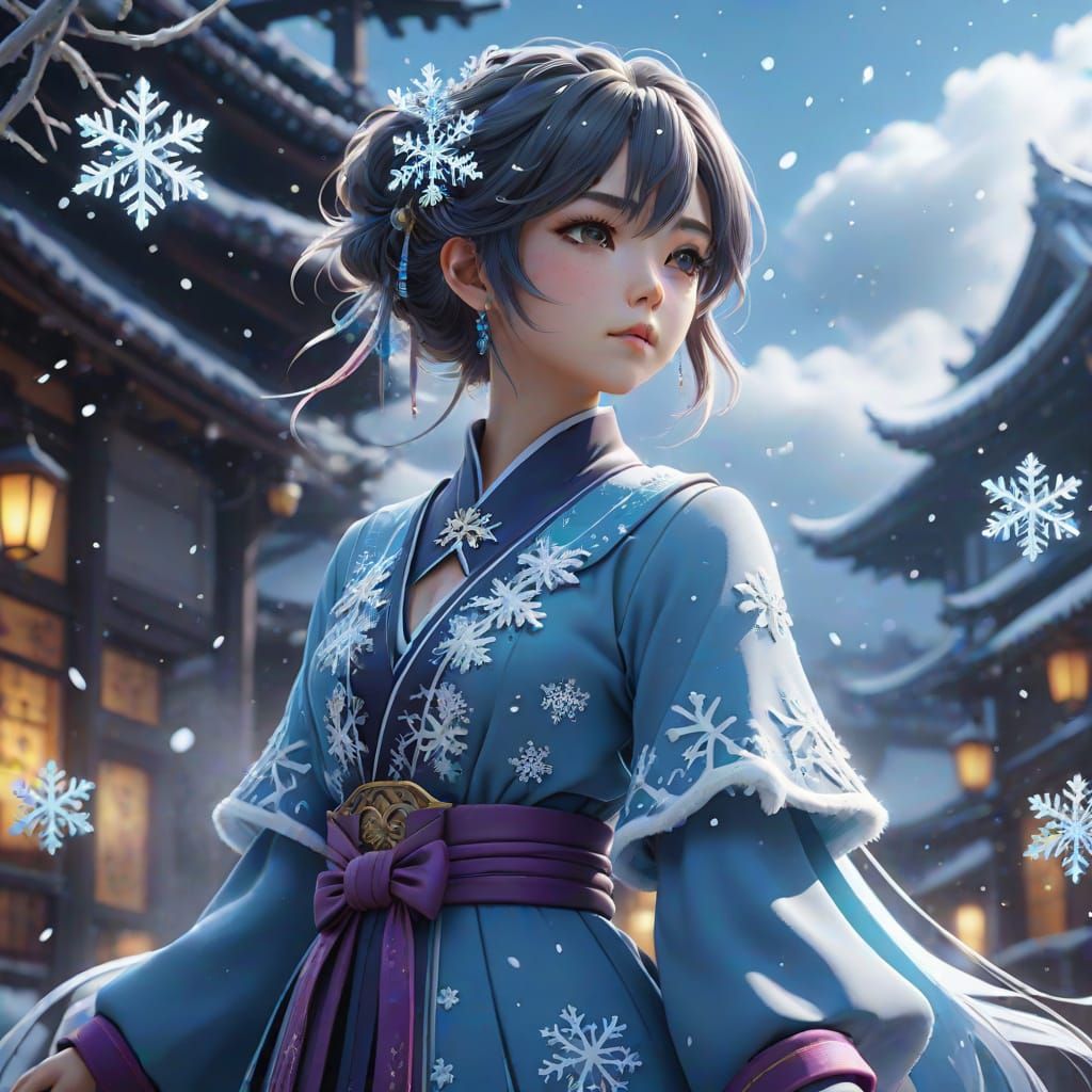 Ethereal Anime Woman Amidst Icy Snowflakes
