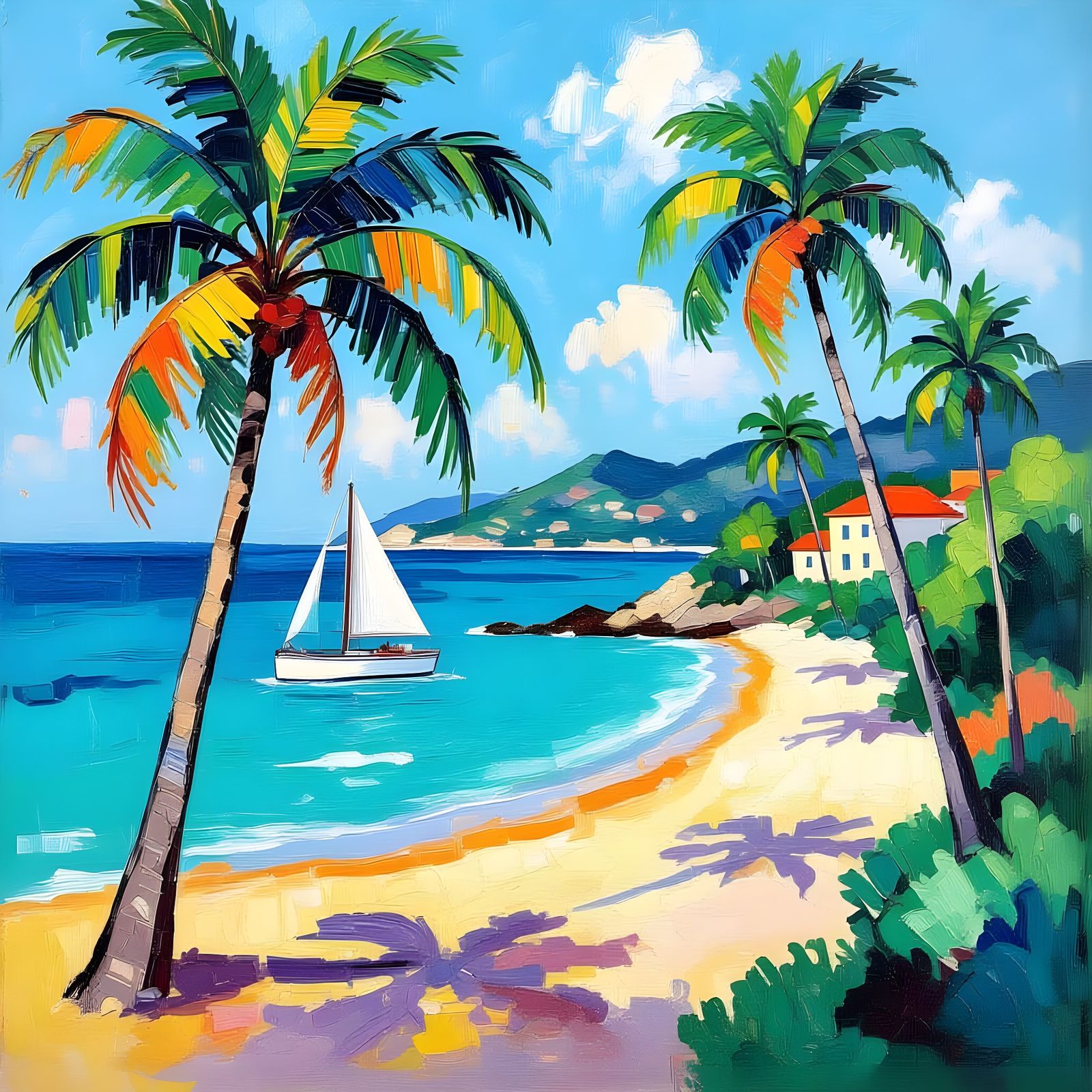 Colorful Island in Neo-Impressionist Style