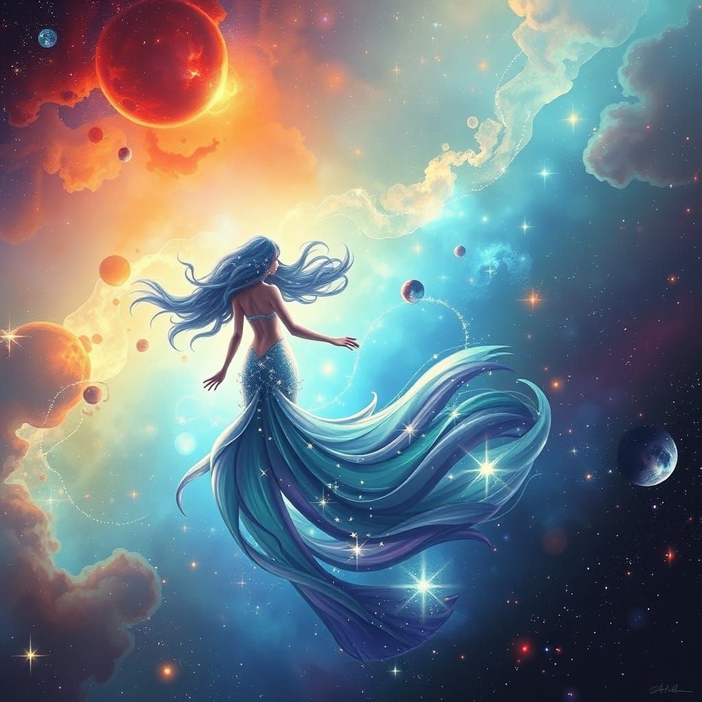 Cosmic Mermaid in Starry Galaxy, Digital Art