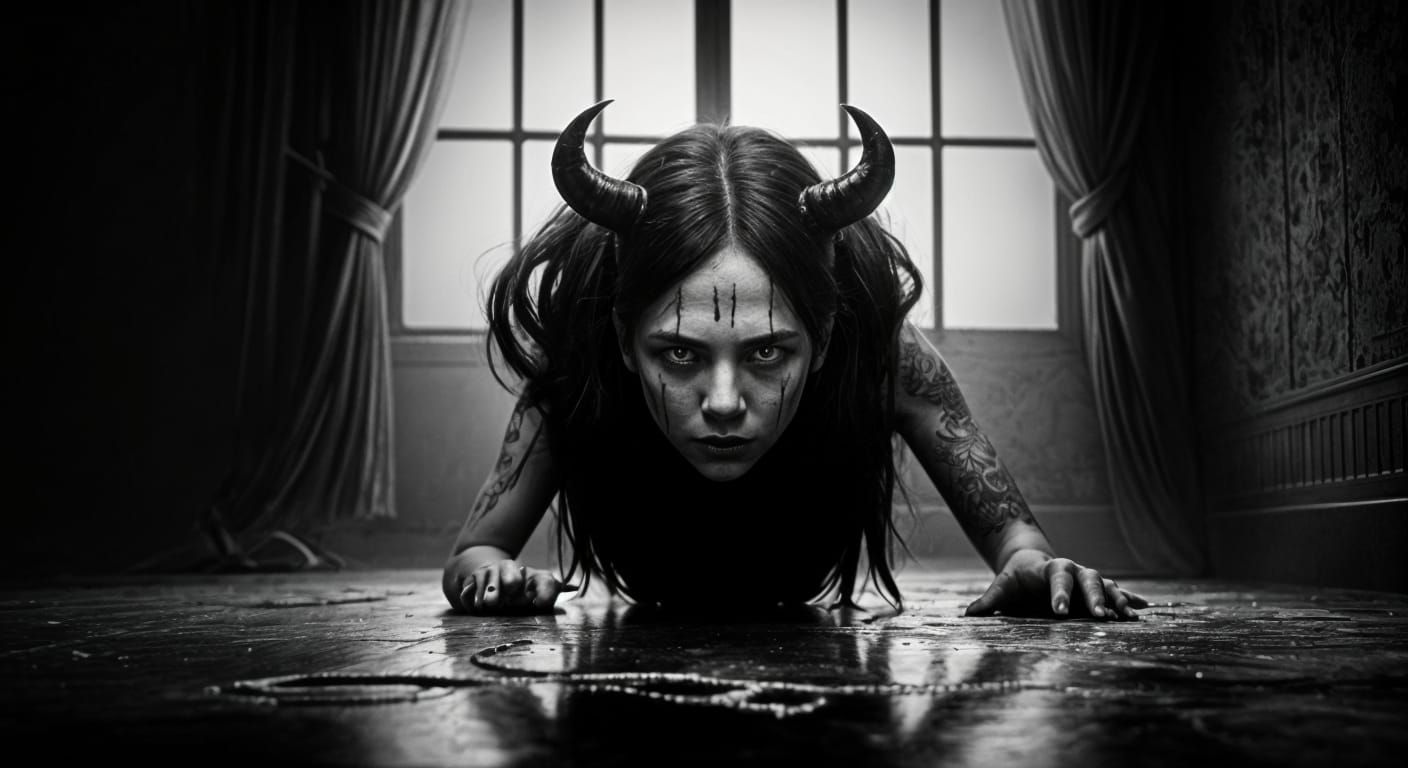 Monochrome Ink Demon Rising in Creepy Room