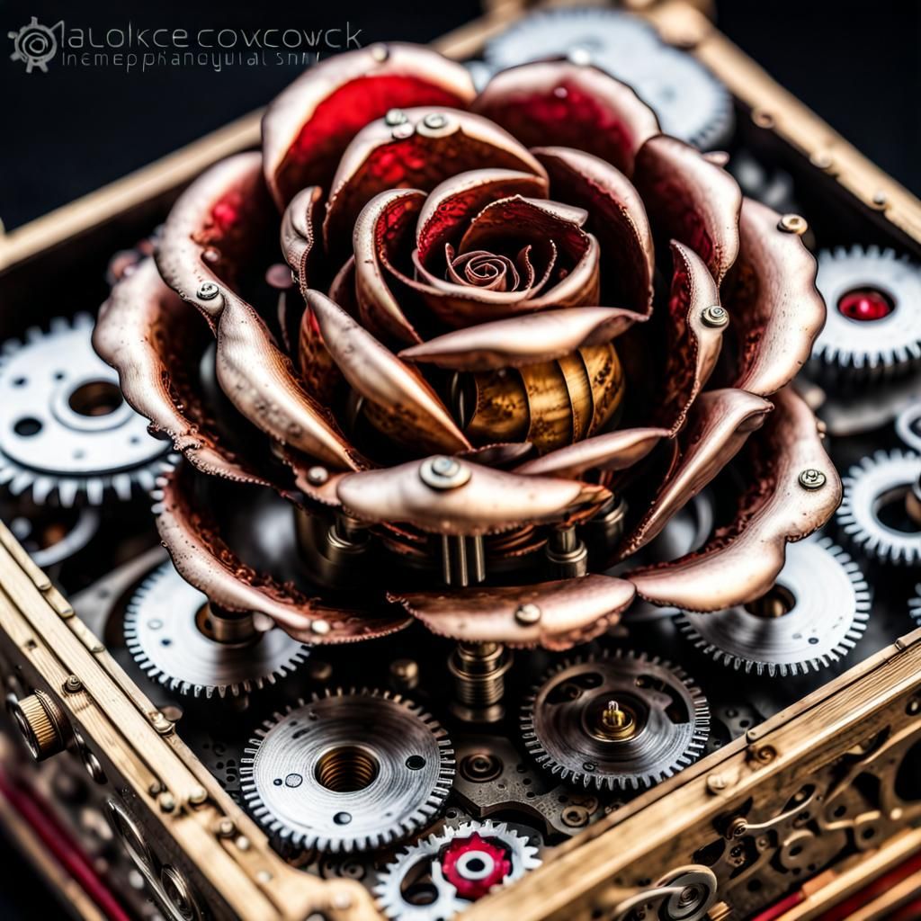 Steampunk Music Box Rose Crafted from Gears