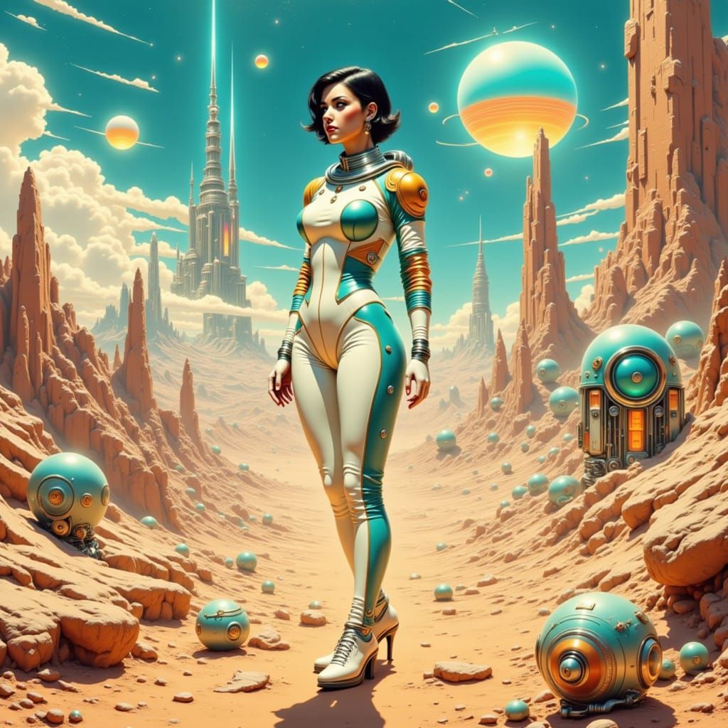 Astronaut on Alien Planet in Vintage-Futurism Style