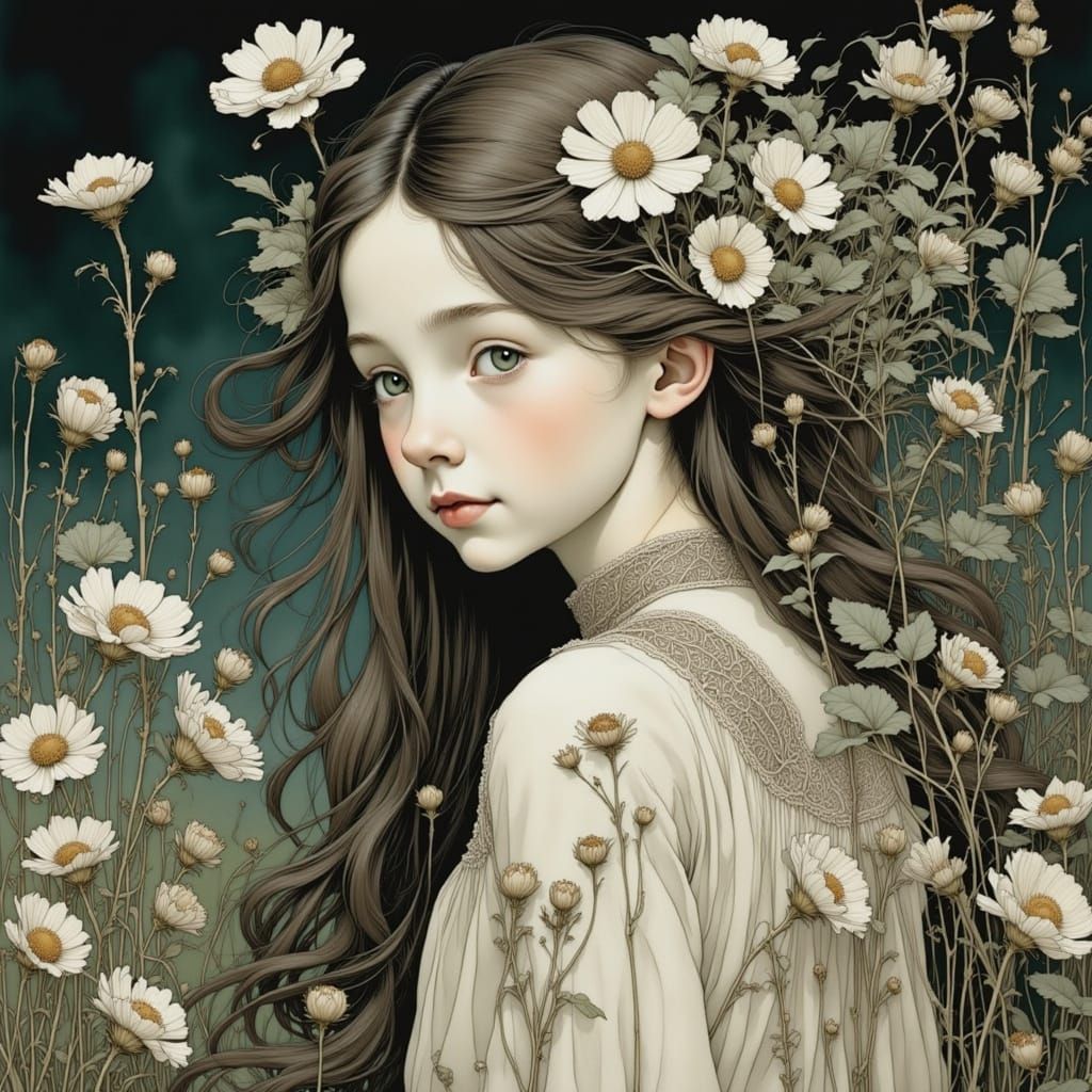 Hyperdetailed Portrait of a Sweet Girl with Wildflowers