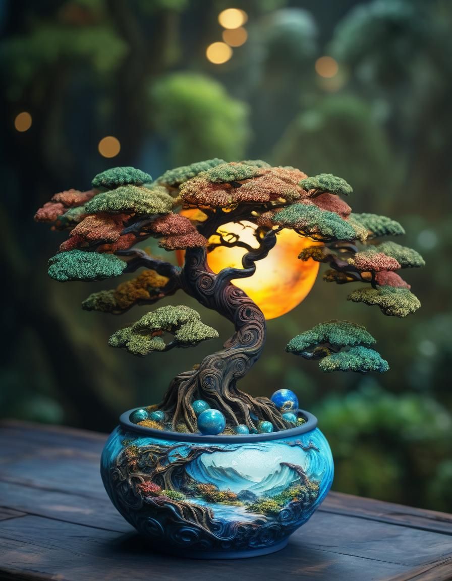 Detailed Bonsai Tree with Baubles in Lyrical Abstraction
