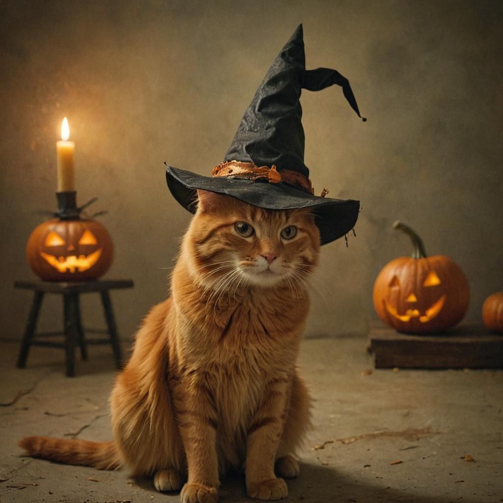 Orange Cat in Witch Hat with Jack-o-Lantern