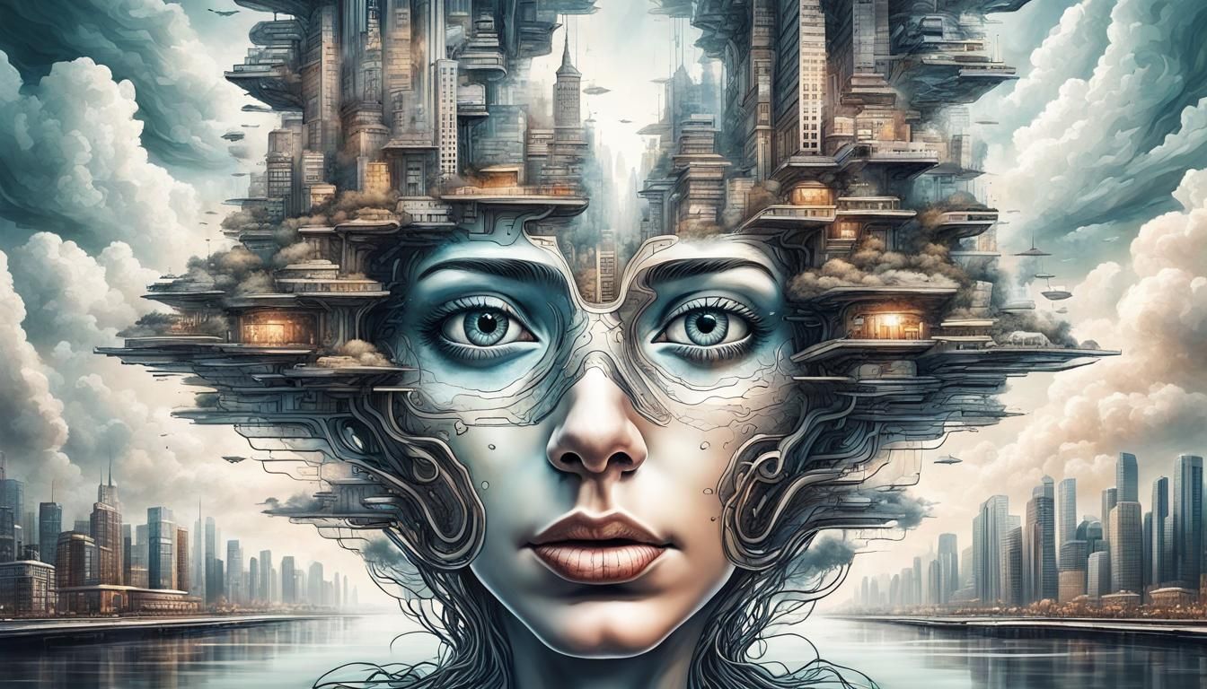 Futuristic City in Clouds: Hyperrealist Surreal Portrait