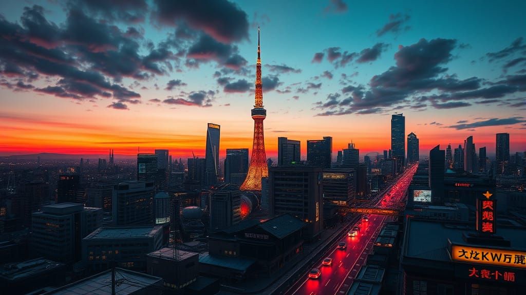 Tokyo Skyline in Neon Futurism Style