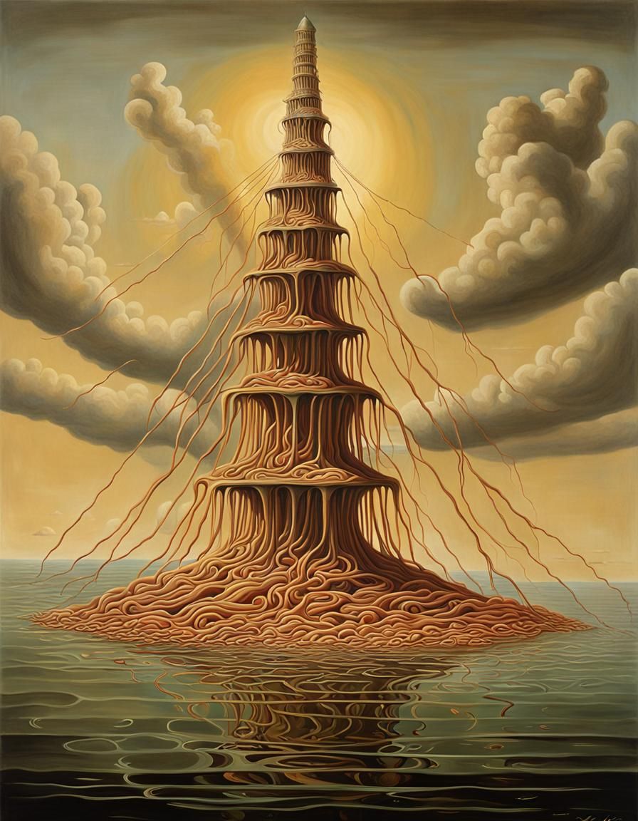 Surreal Dystopian Spaghetti Tower in Oil on Canvas