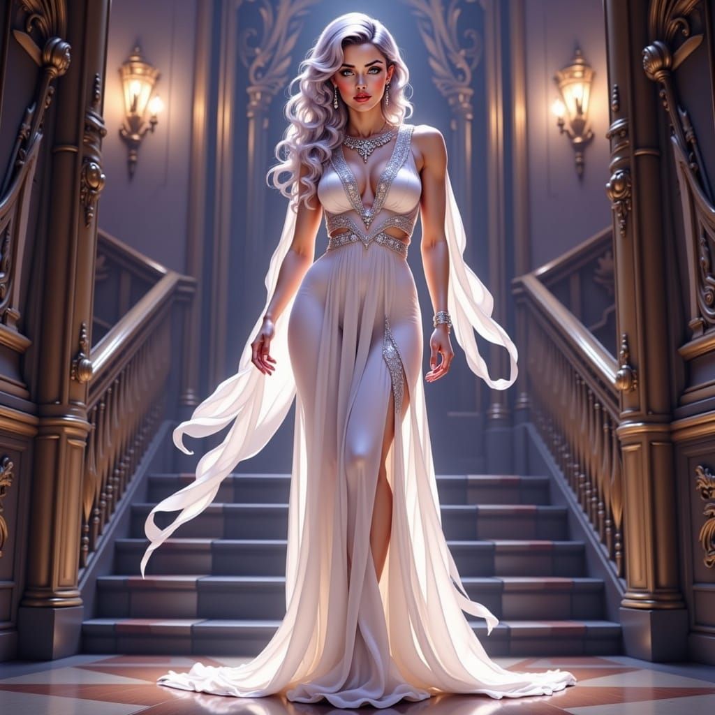 Elegant Silver-Haired Woman in White Gown