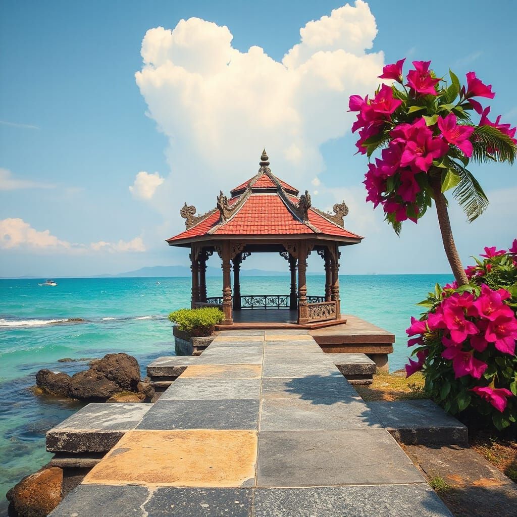 Gazebo on a breakwater in Sanur, Bali, Indonesia