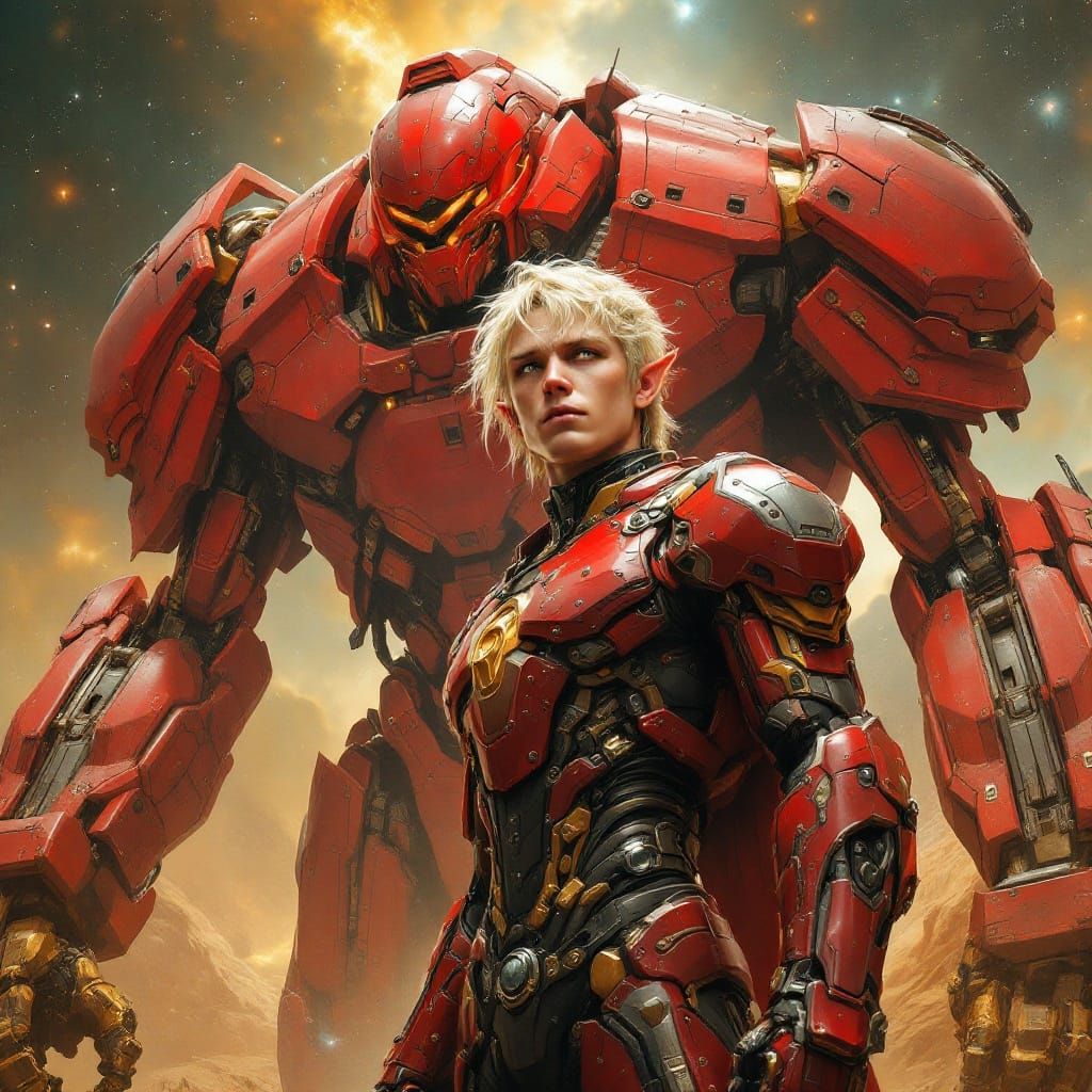 Cyborg Elf Portrait with Battle-Mech, Oil Painting