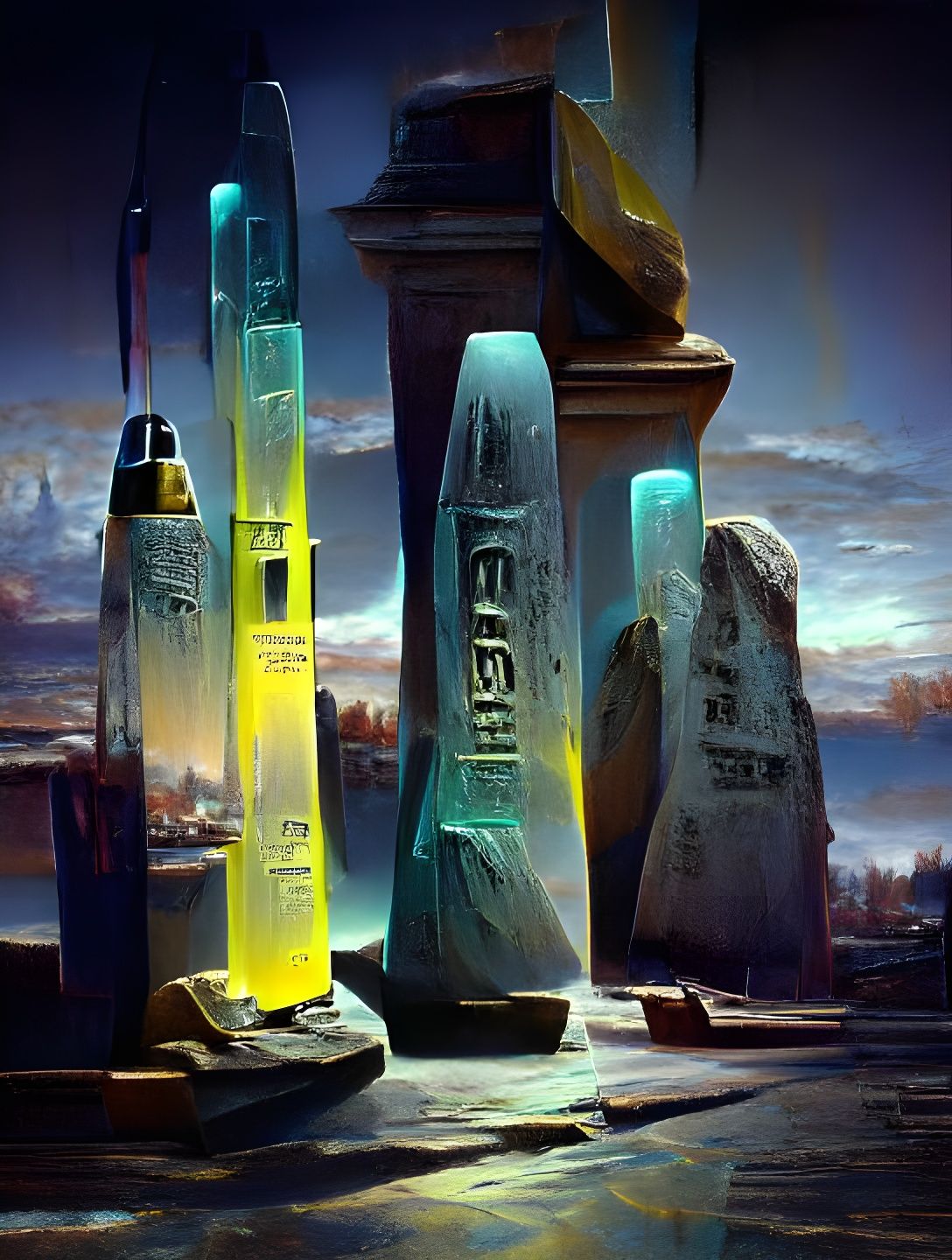 Ancient Stone Obelisks in Hyperrealistic Film Noir Style