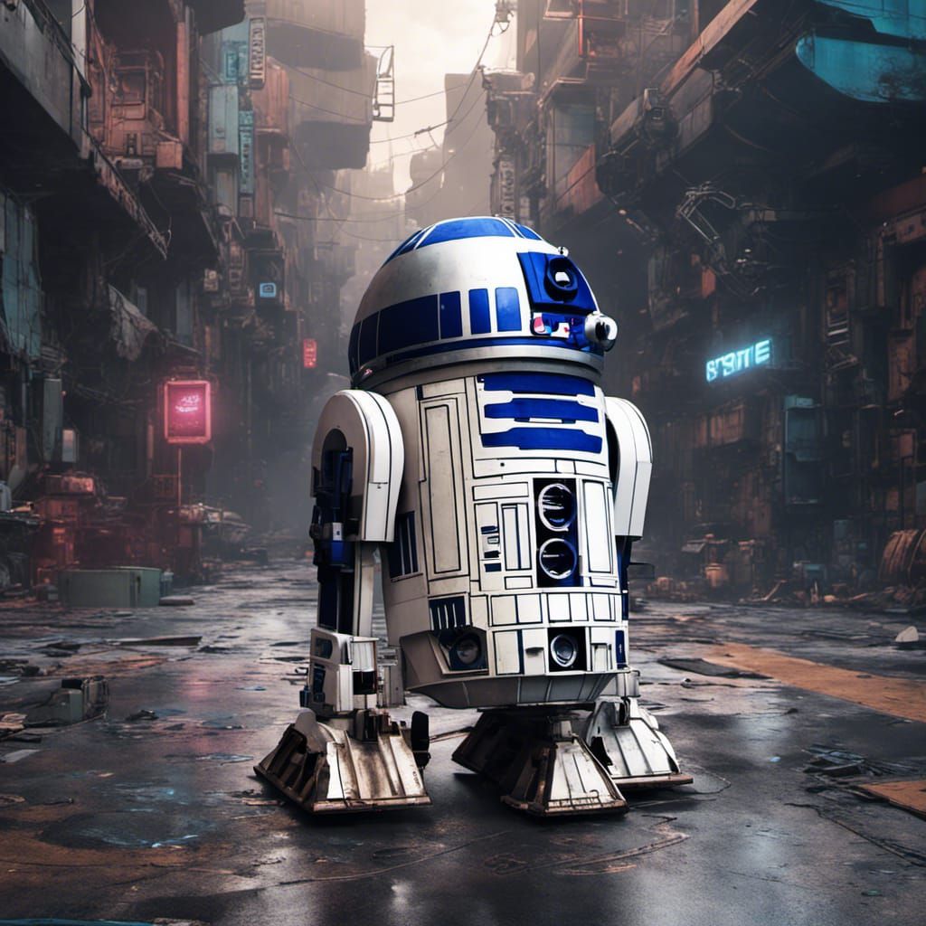 R2D2 in Cyberpunk Setting: Detailed Matte Painting