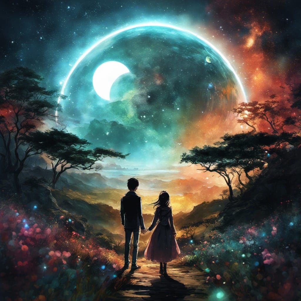 Two Planets Interlocking as Gold Wedding Rings in Watercolor