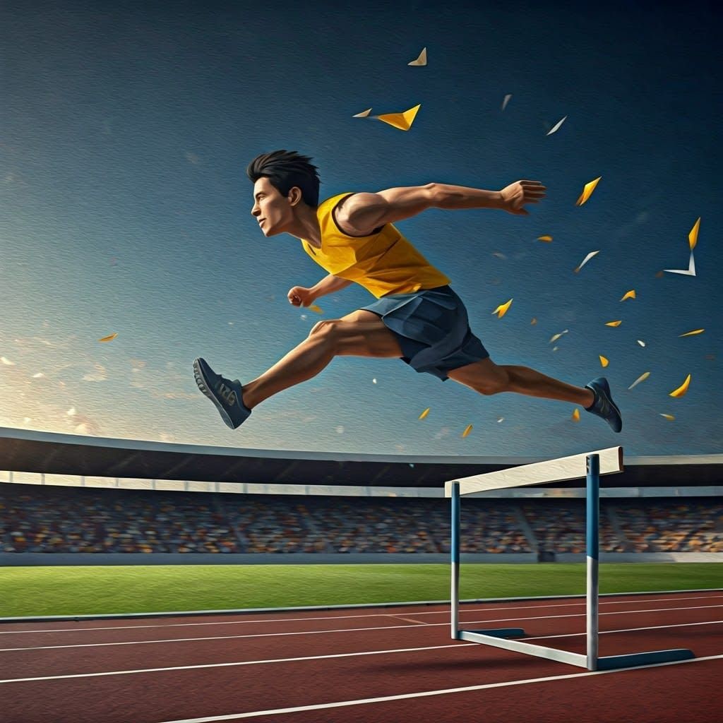 Athlete Jumping Hurdle in Origami Style