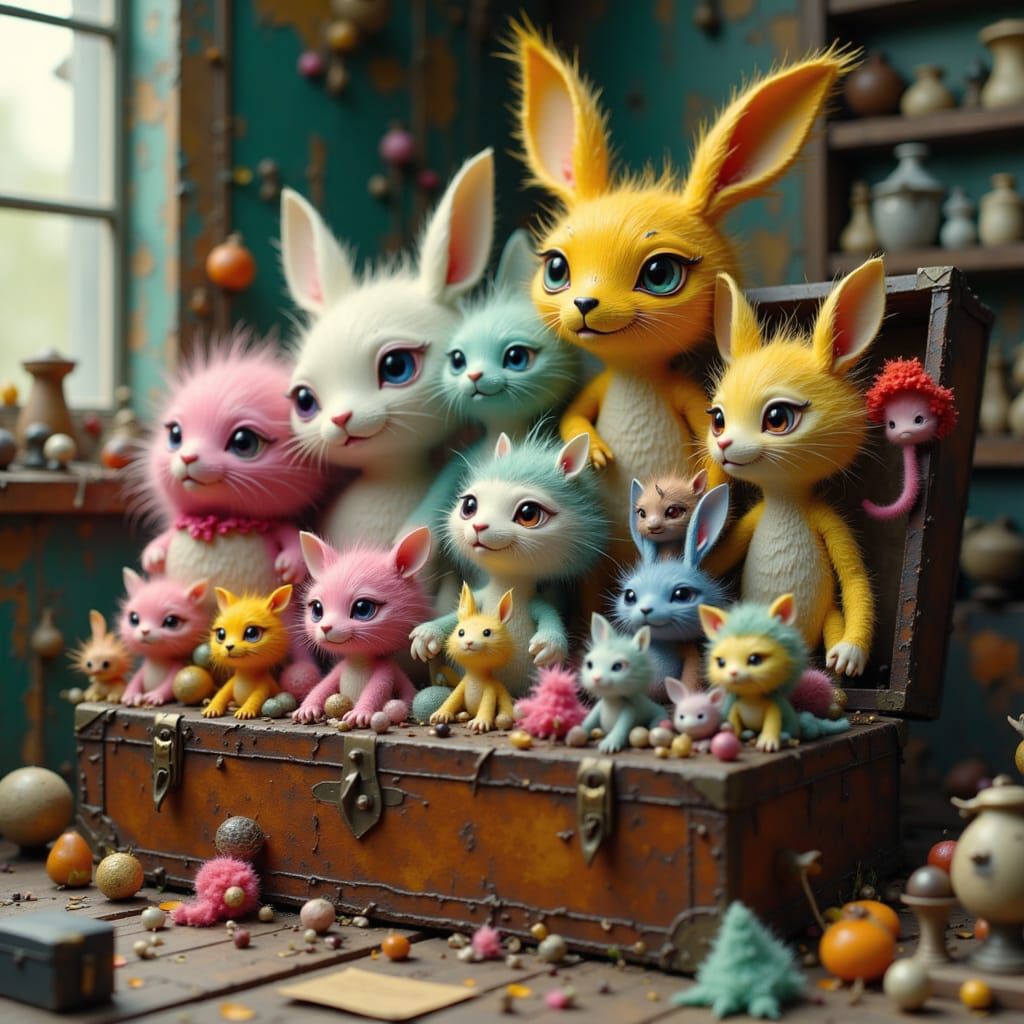 Pastel Fur Creatures in Vintage Toy Chest