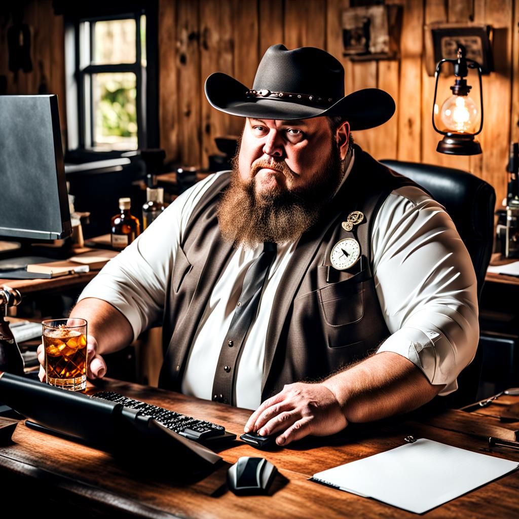 Bearded Man in Cowboy Hat at Desk