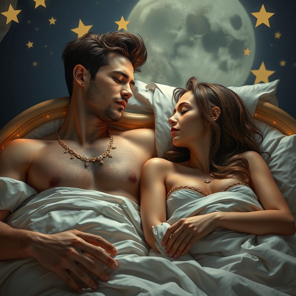 Romantic Moonlit Scene of Couple in Luxury Bed