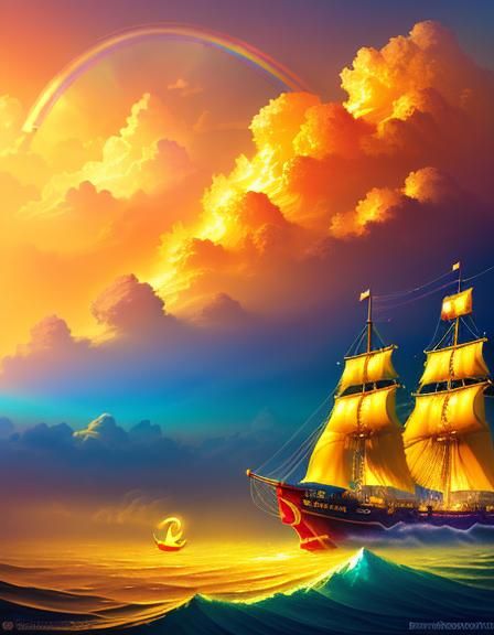 Golden Boat Sailing Through Rainbow Clouds