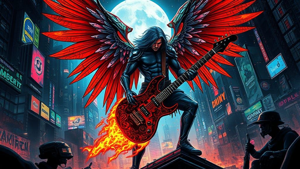 Cyberpunk Archangel with Flaming Guitar in Dystopian City