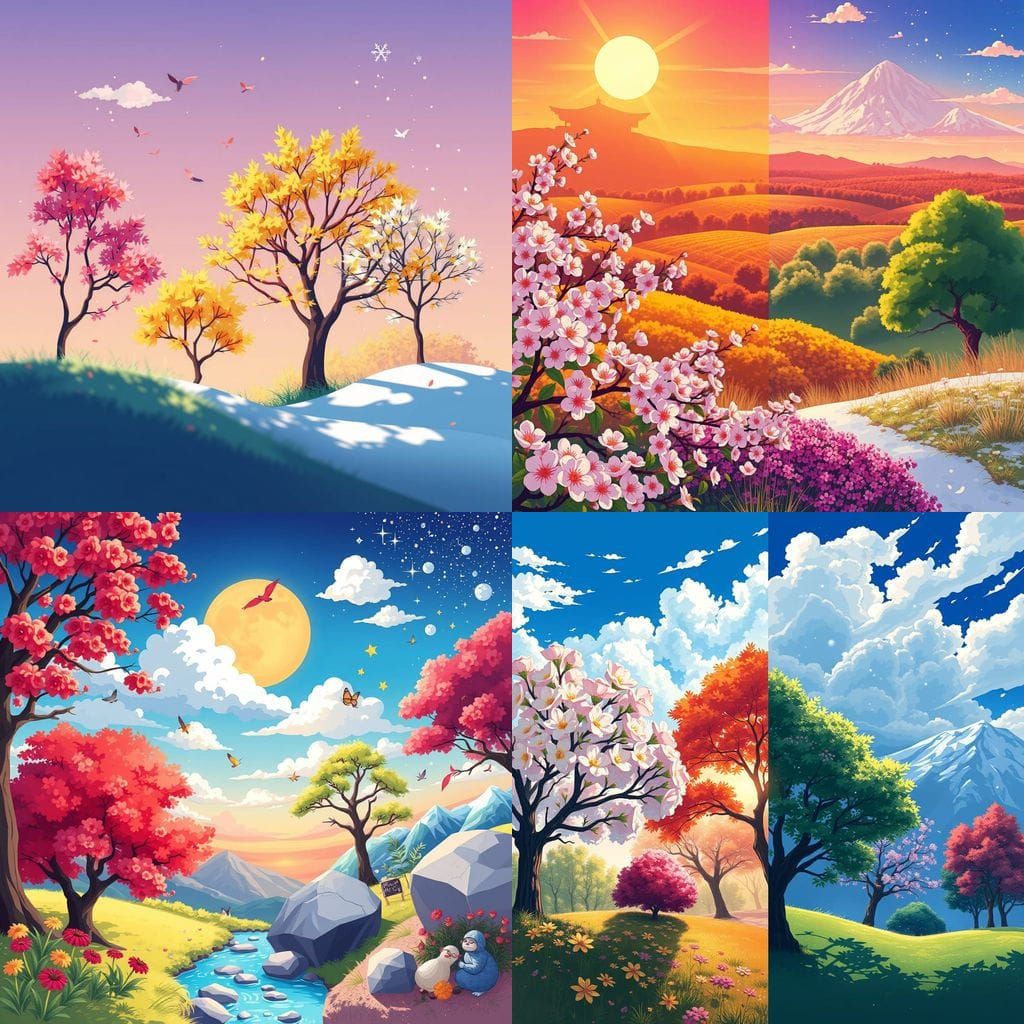 Manga-Inspired Spring, Summer, Autumn, and Winter Scene
