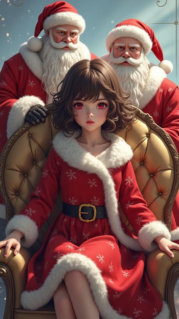 Festive Christmas Anime Girl with Santa Clauses