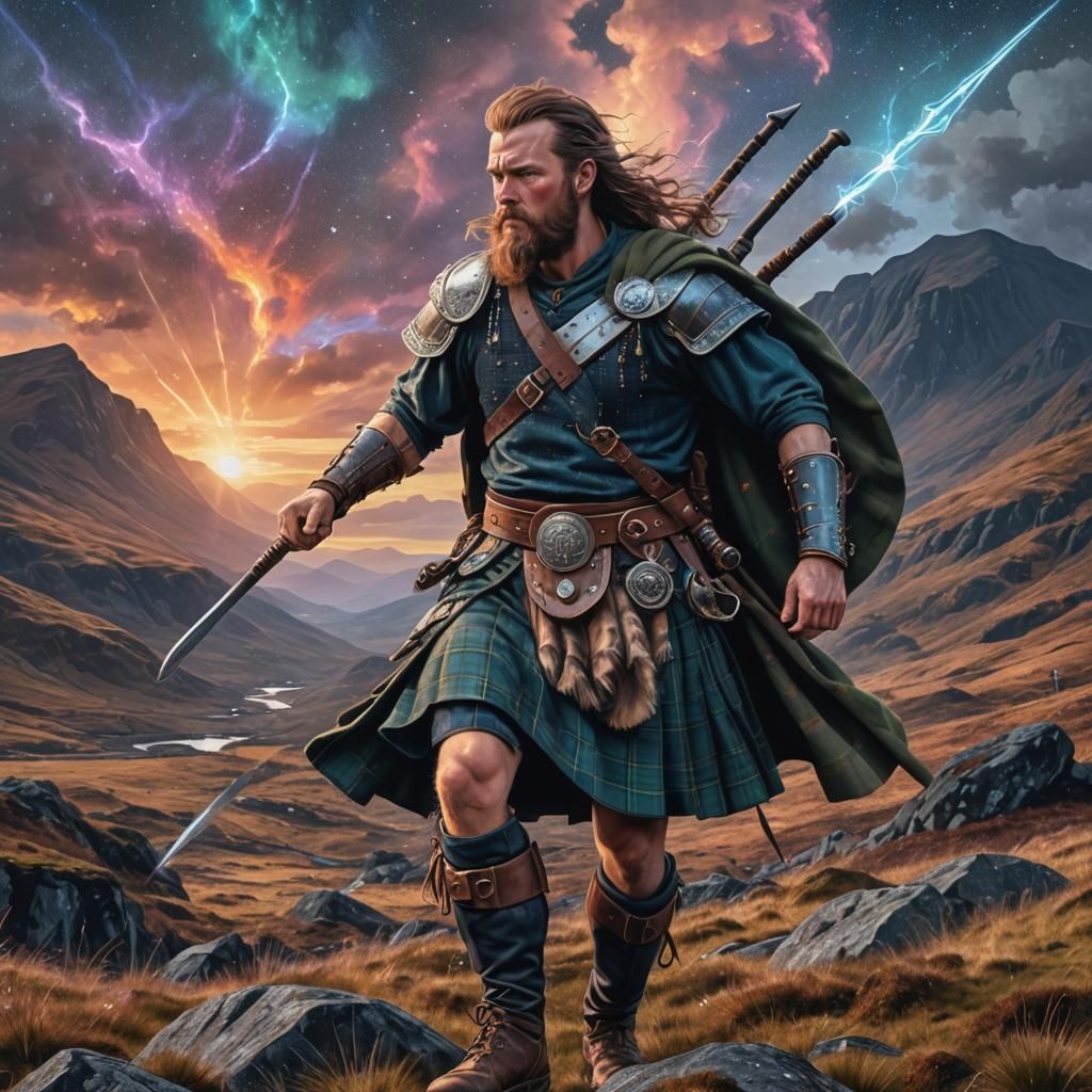 Scottish Warrior in Highlands: Holographic Astral Illustrati...