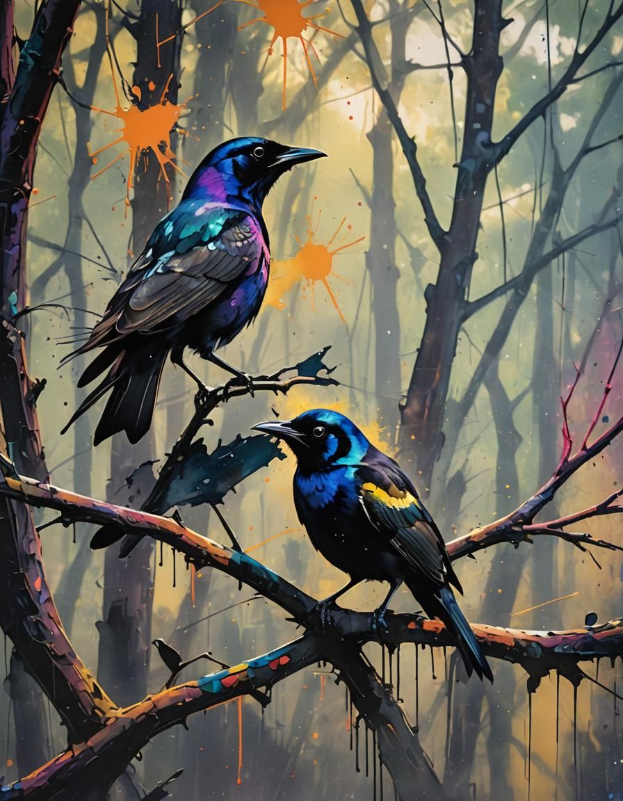 Grackle Bird in Vibrant Graffiti Street Art