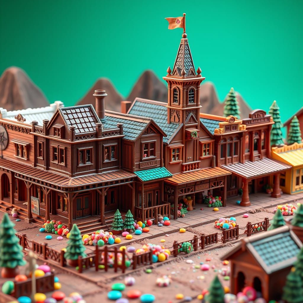 Candyland Western Town Square in Hyperrealistic Digital Art