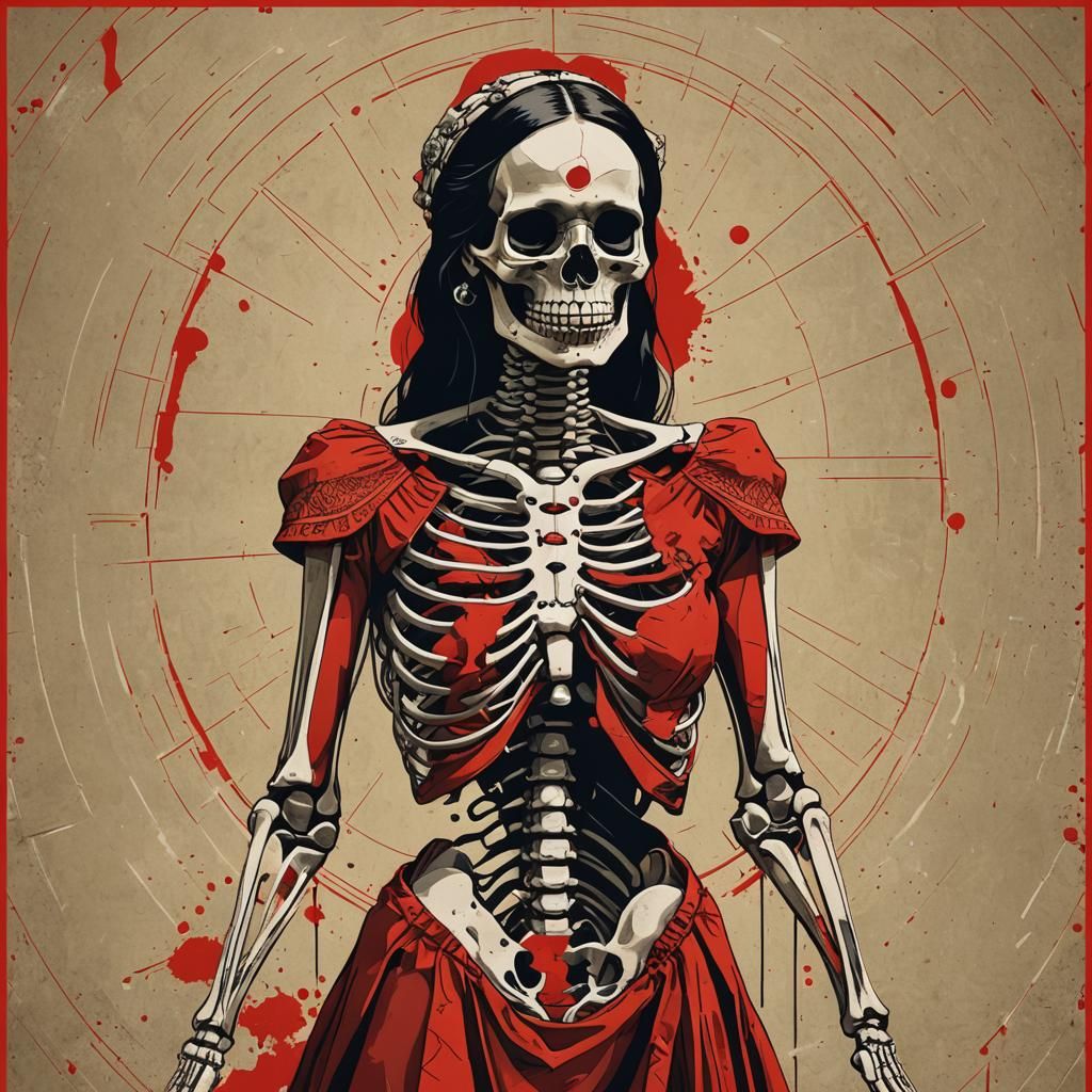 Native Woman Skeleton in Red Dress: Pop Art